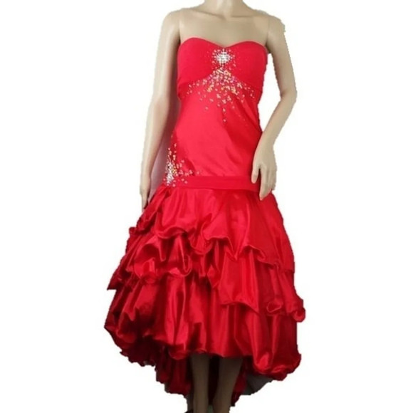 Prom Red Rhinestone Strapless Tulle Ruffle Dress - Picture 1 of 4